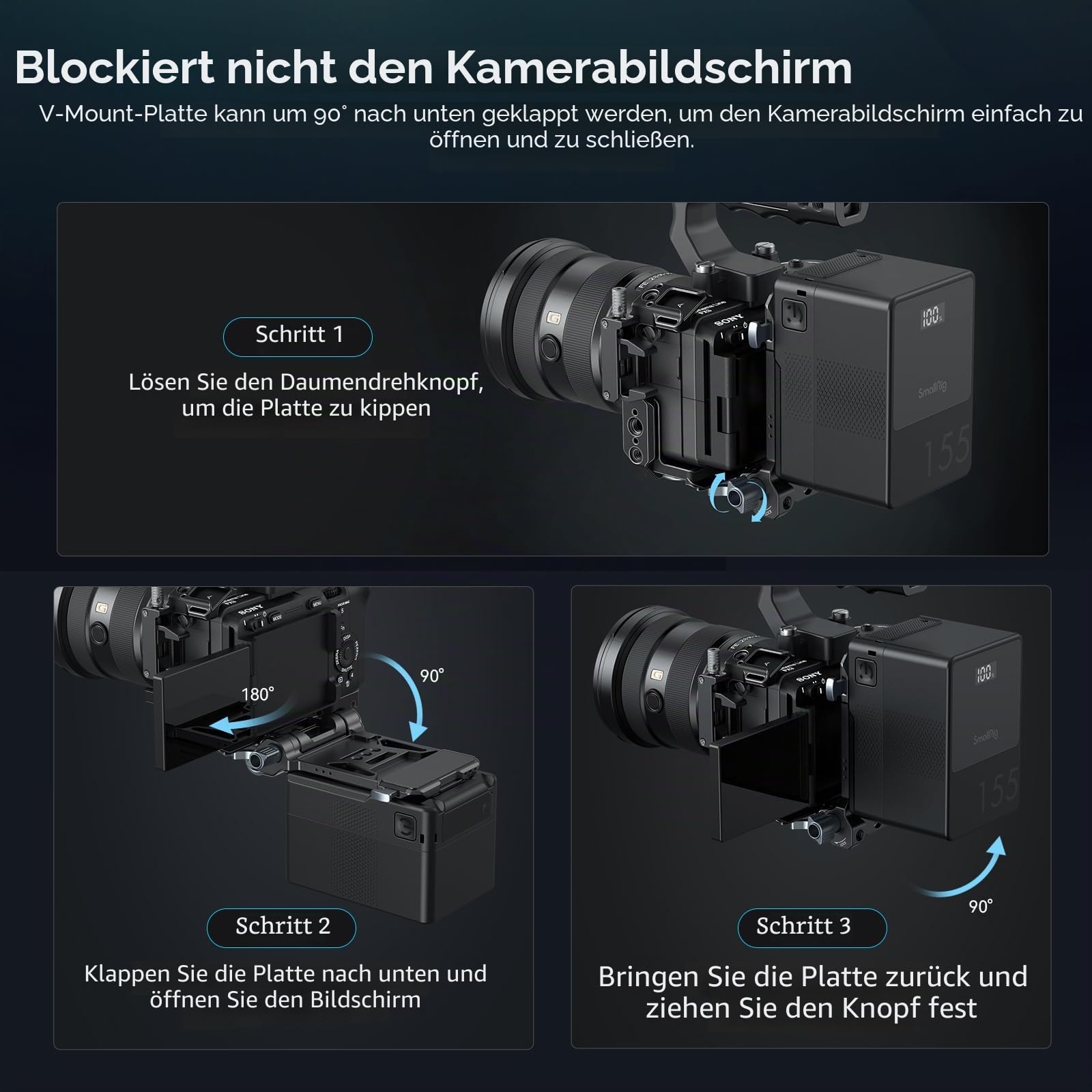 SMALLRIG V-Mount Battery Plate, V-Lock-Akku-Montageplatte mit doppelter Schnellwechselplatte für Arca-Swiss, kompakte und faltbare L-förmige V-Mount-Akkuplatte für DSLR-Kamera, Gimbals, Stativ – 4064B