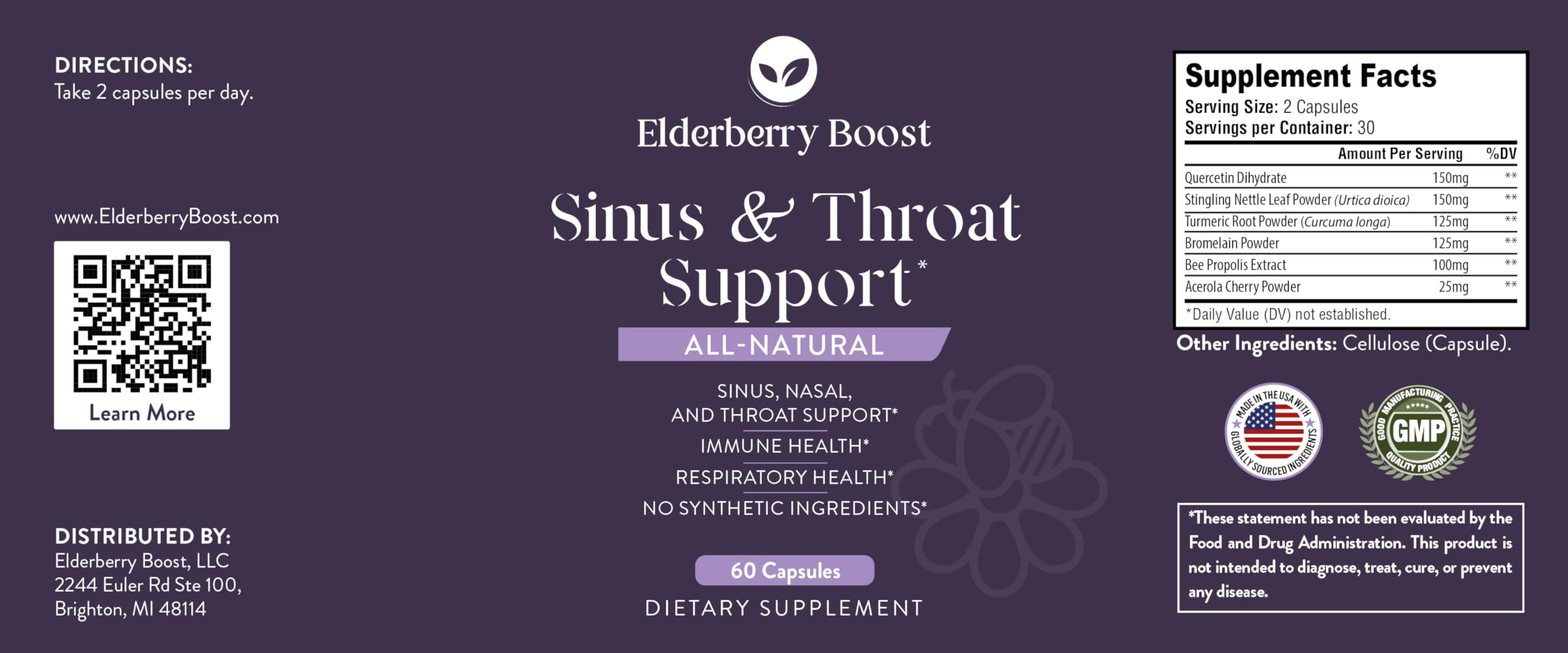 Elderberry Boost Sinus & Throat Support Capsules – Supports Healthy Histamine Levels, Seasonal Congestion & Scratchy Throat Comfort – with Quercetin, Bromelain & Nettle Leaf – 60 Capsules — Amazon image 2
