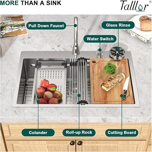 Miniatura 9 de Fregadero de cocina en cascada de 33 pulgadas  Fregadero de cocina inteligente de 33 x 22 pulgadas, estación de trabajo, montaje superior, calibre