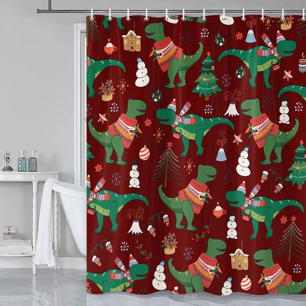 Christmas Dinosaur Shower Curtain for Kids, Cute Doodle T- Rex Restroom Curtain with Snowman Green Christmas Tree, Merry Xmas Happy New Year Polyester Fabric Bathroom Shower Curtain Sets with Hooks