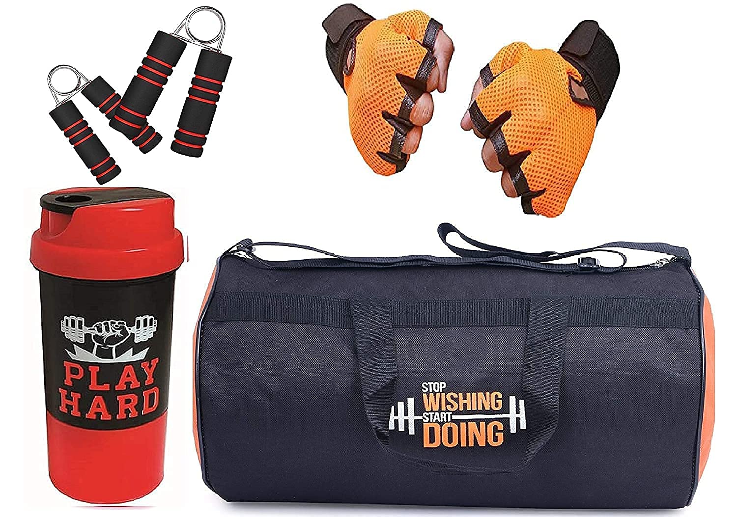 SGC-751A 4 in 1 Pack Polyester Antique Gym Bag, Protein Shaker,Gym Gloves with Wrist Support and Hand Strengthner Comboss, BLACK ORANGE red, M, Gym Bags
