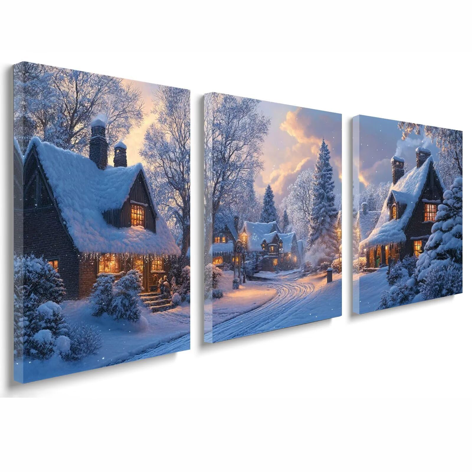 Tableau Decoration Murale Hiver Cadre en Bois Impression sur Toile, Peinture Poster Mural Tableau Paysage Triptyque pour Moderne Salon Chambre Restaurant Maison Bain Cuisine 25x35 cmx 3pcs 1f-400