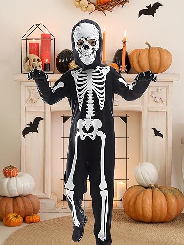 Miniatura 8 de Disfraz de esqueleto, enterizo de esqueletos brillantes para niños con máscara y guante, overol de disfraz de Halloween para niños pequeños y niñas