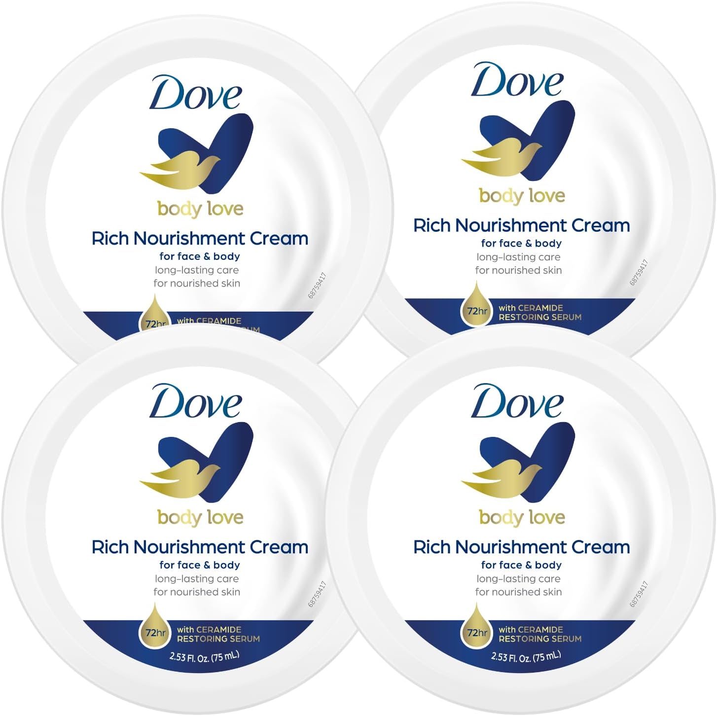 Nourishing Body Care, Face, Hand, and Body Rich Nourishment Cream for Extra Dry Skin with 48-Hour Moisturization, 4-Pack, 2.53 Oz Each Jar