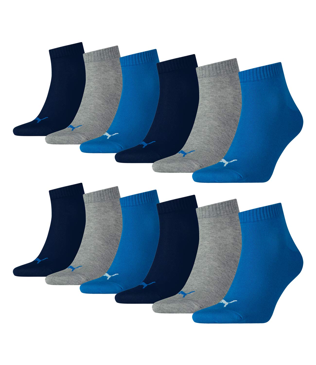 PUMA 12 Paar Unisex Quarter Socken Sneaker Gr. 35-49 für Damen Herren Füßlinge, Socken & Strümpfe:43-46, Farbe:277 - blue/grey mélange