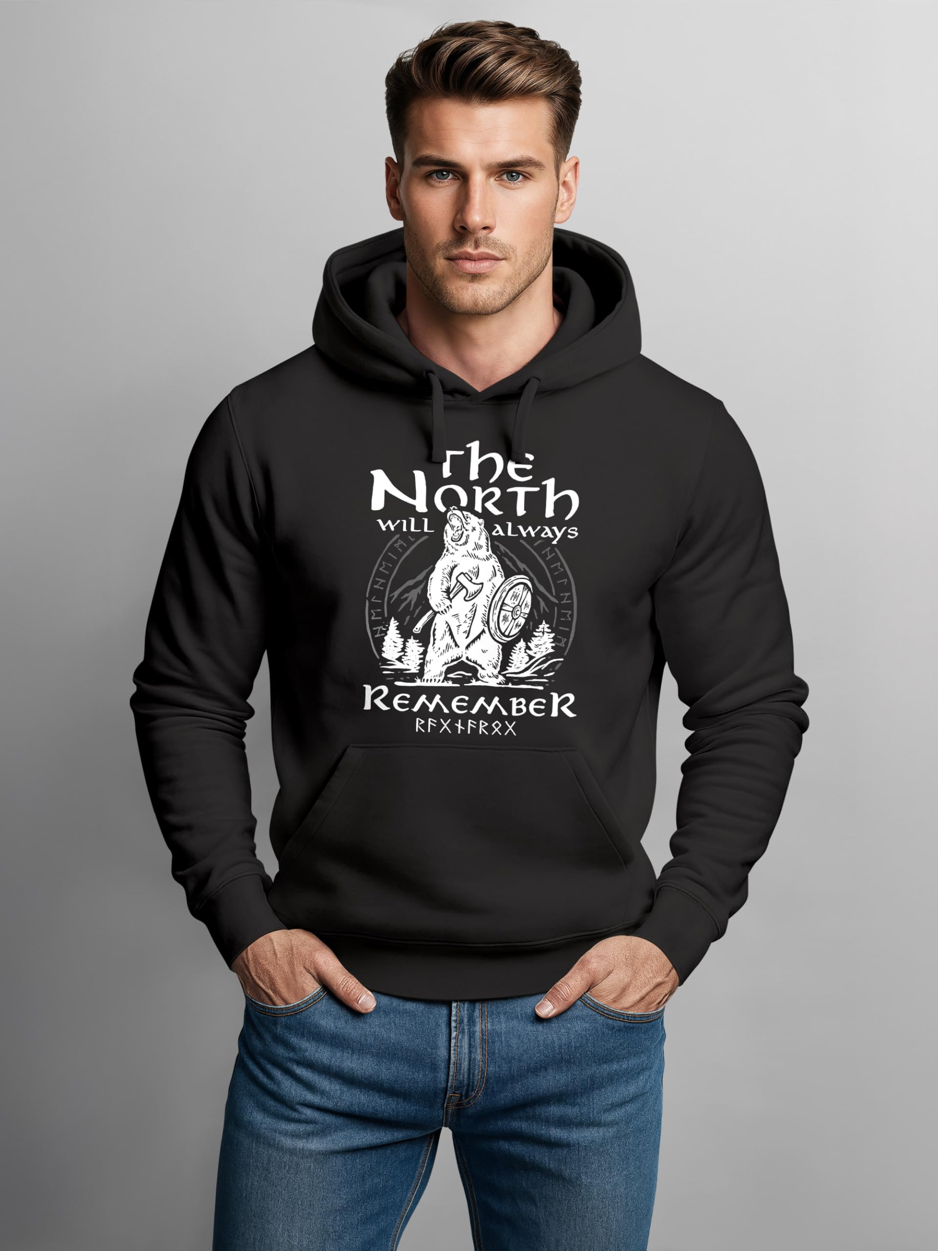 Neverless® Bluza z kapturem męska niedźwiedź Wiking Adventure Runen The North Natur Print Fashion Streetstyle