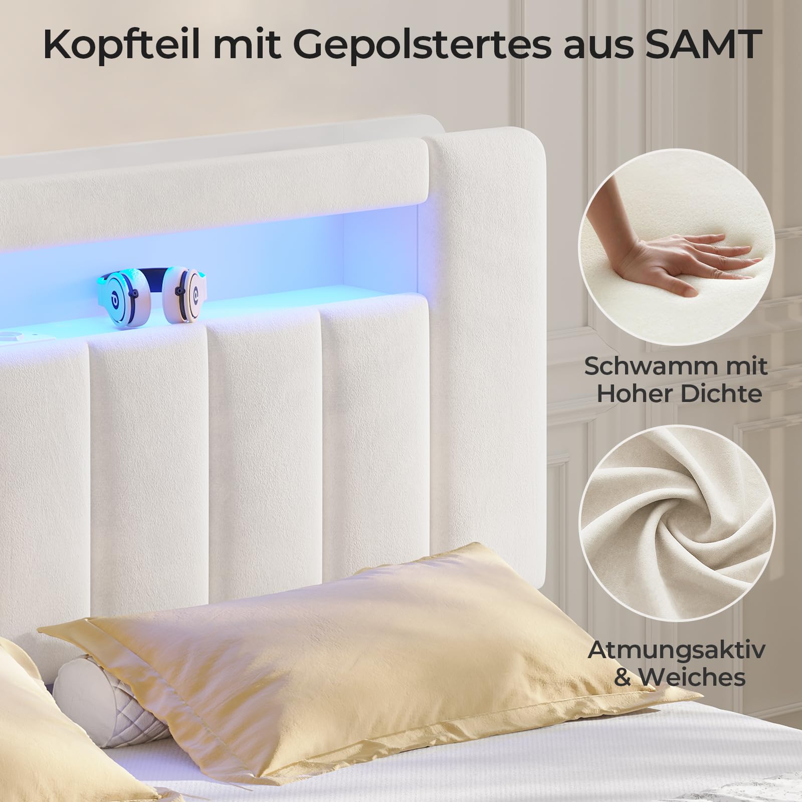 AOGLLATI Polsterbett 140x200 cm mit Stauraum - 4 Schubladen Jugendbett mit LED-Beleuchtung & Ladestation,Doppelbett mit Kopfteil aus Samt Bett 140x200 mit Lattenrost-ohne Matratze,Beige Samt