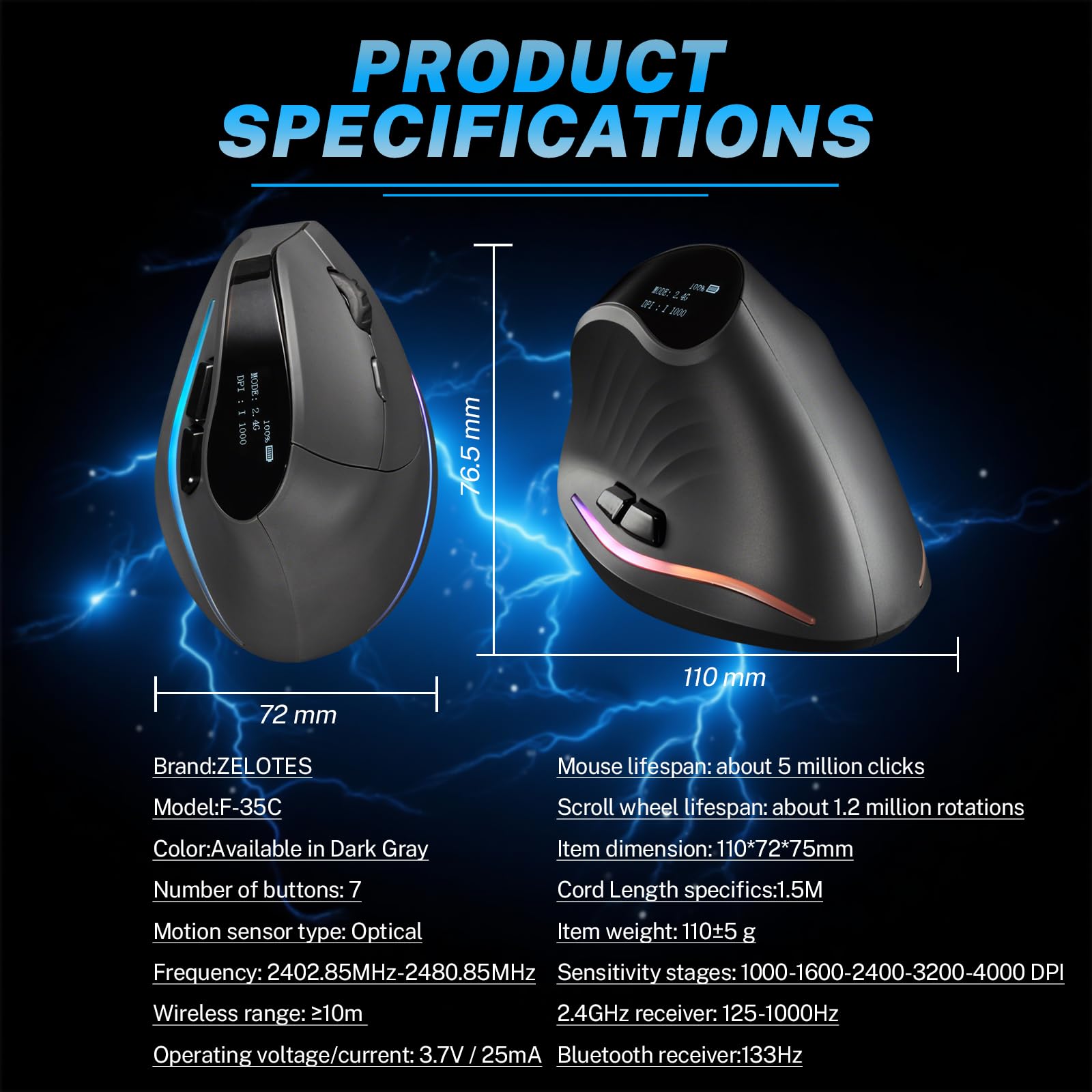 Mouse da gioco con display, mouse ergonomico verticale wireless con connettività Tri-Mode, 7 pulsanti RGB programmabili, 4000 DPI, ricaricabile per PC, laptop, Mac
