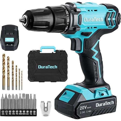 DURATECH 20V Cordless Drill, Electric Power Drill Driver Set with 1/2” Keyless Chuck, Variable Speed, 25+1 Torque Settings, 350 In-lbs Torque and 16pcs Drill Bits, Drill Tools Kit for Home Improvement