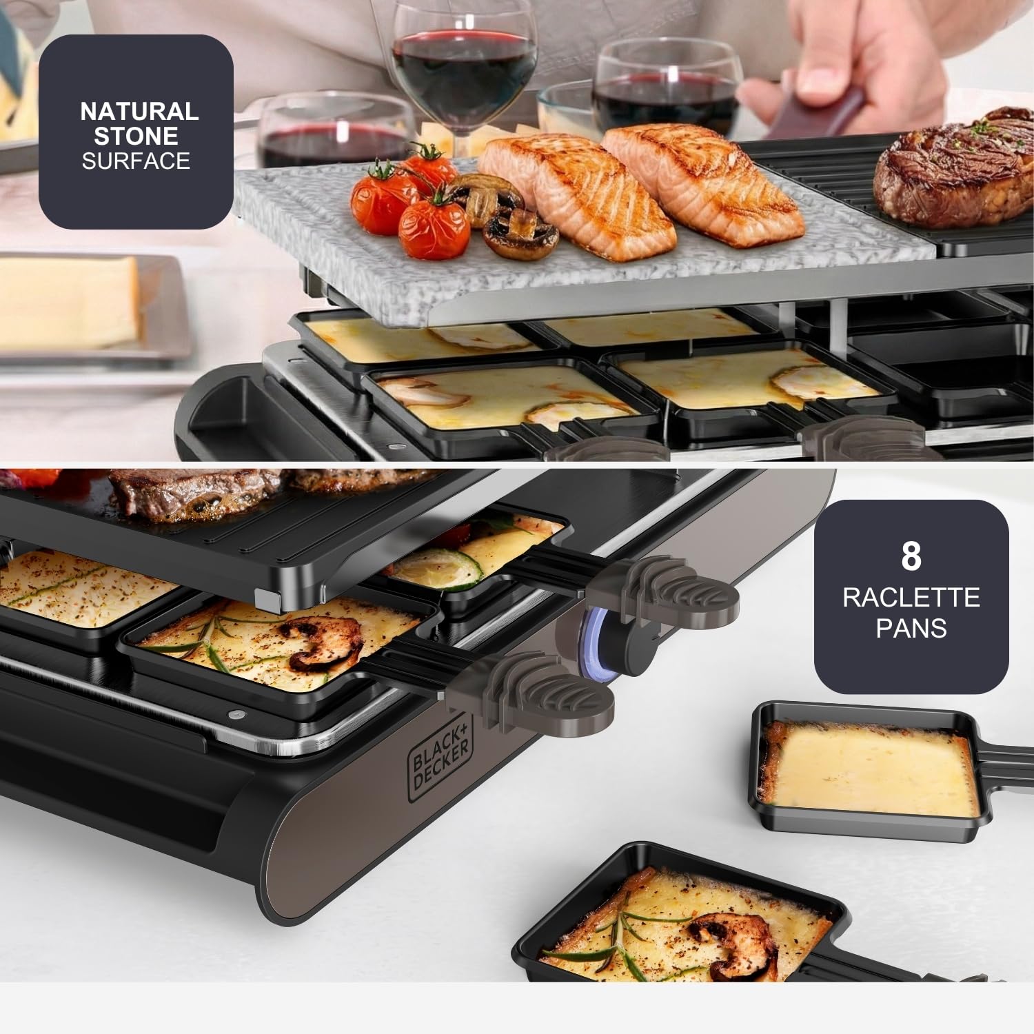 Black+Decker BXFC1400E elektryczny raclette | 1400 W | dla 8 osób | dwustronna płyta grillowa/deska + kamień naturalny | regulowany termostat LED, nieprzywierający, akcesoria w zestawie