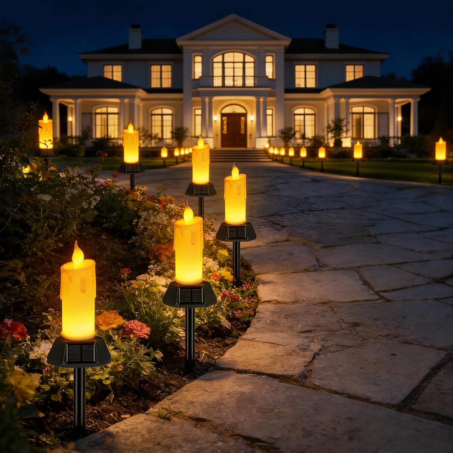 Solar Flameless Candles Outdoor Waterproof, Patented Dual-LED Flickering Flame 7" Dripping Wax Pillar with Detachable Stake, 3-Sided Solar Base for Patio, Cemetery (2 Pack)