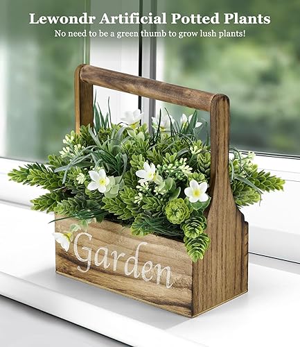 Miniatura 2 de Plantas artificiales, plantas falsas surtidas en caja de madera, plantas sintéticas rústicas con mango y letra decorativa de jardín, decoración de