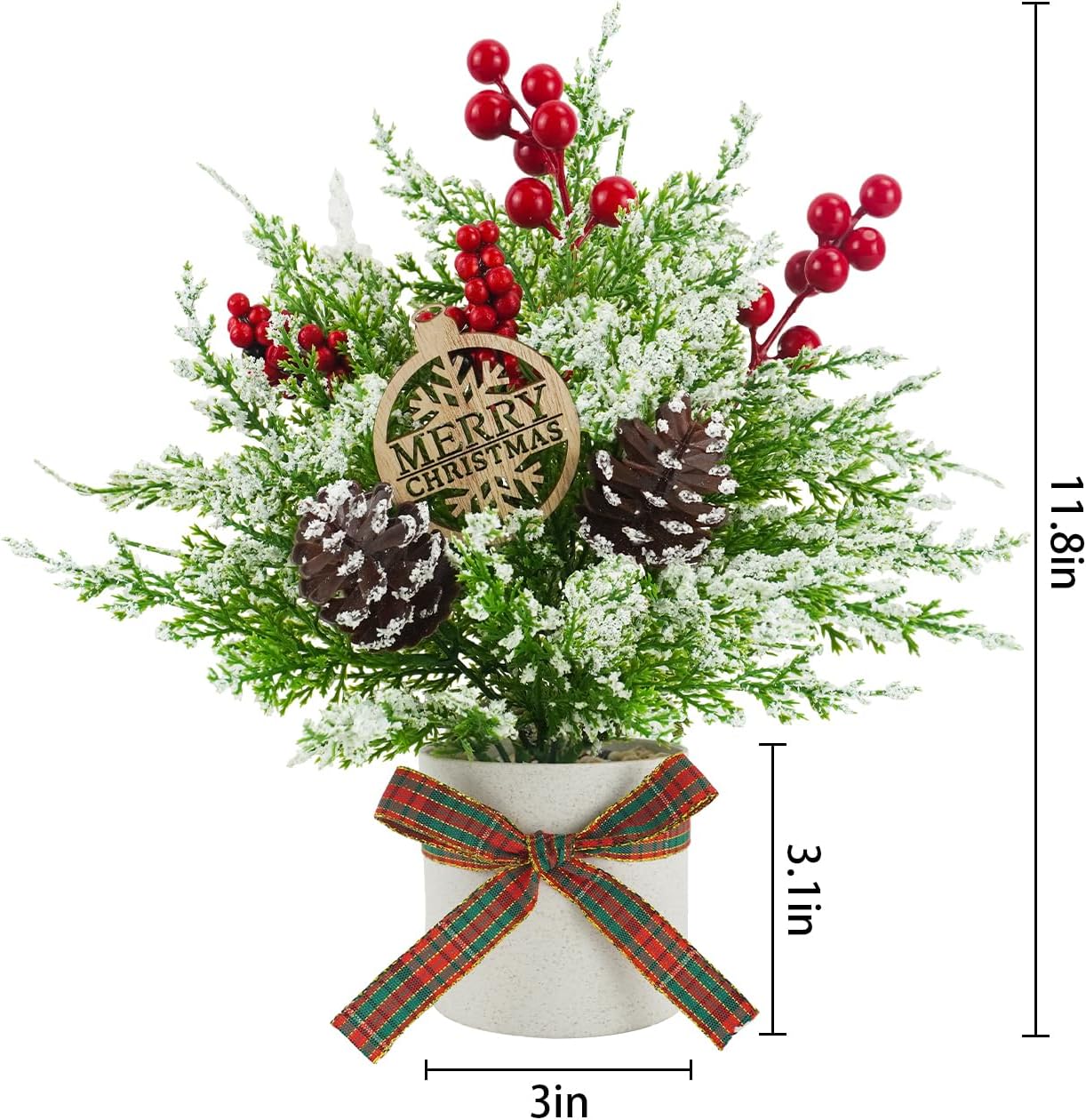 4Pcs Snowy Mini Christmas Tree, Flocked Small Tabletop Christmas Tree with Red Berries Pine Cones Artificial Potted Mini Xmas Tree for Home Table Holiday Christmas Ornaments Decorations