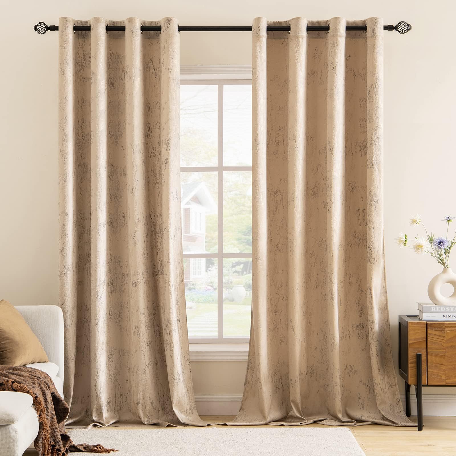 MIULEE Khaki Velvet Curtains with Gold Foil,2 Panel Set 118 Inch Drop Curtains,Blackout Curtains Bedroom Super Soft Thermal Insulated Eyelet Blackout Curtains for Living Room 55 x 118 Inch โ image 1