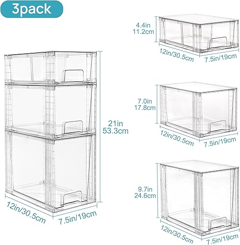 Miniatura 3 de Vtopmart Paquete de 6 cajones de almacenamiento apilables transparentes, organizadores de baño fáciles de montar y almacenamiento con asas, cajones