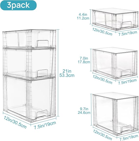 Vtopmart 6 Pack Clear Stackable Storage Drawers,Easy to Assemble Bathroom Organizers and Storage with handles,Plastic Drawers for Kitchen Pantry,Cabinet,Under Sink Organization