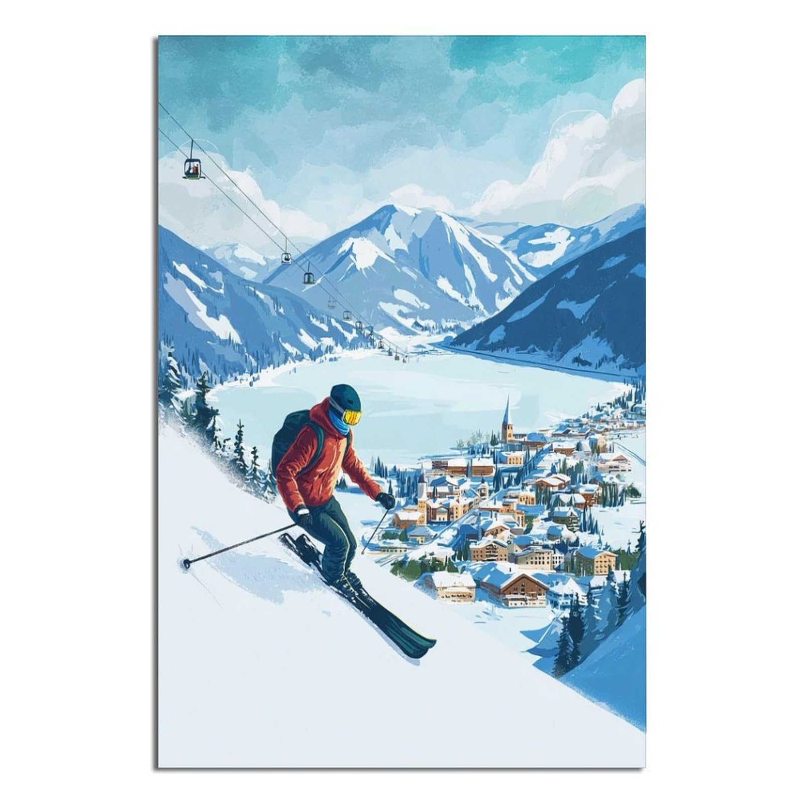 CFXNGA Zell Am See Austria Ski Poster 20x30inch(50x75cm) Vintage Watercolor Canvas Art