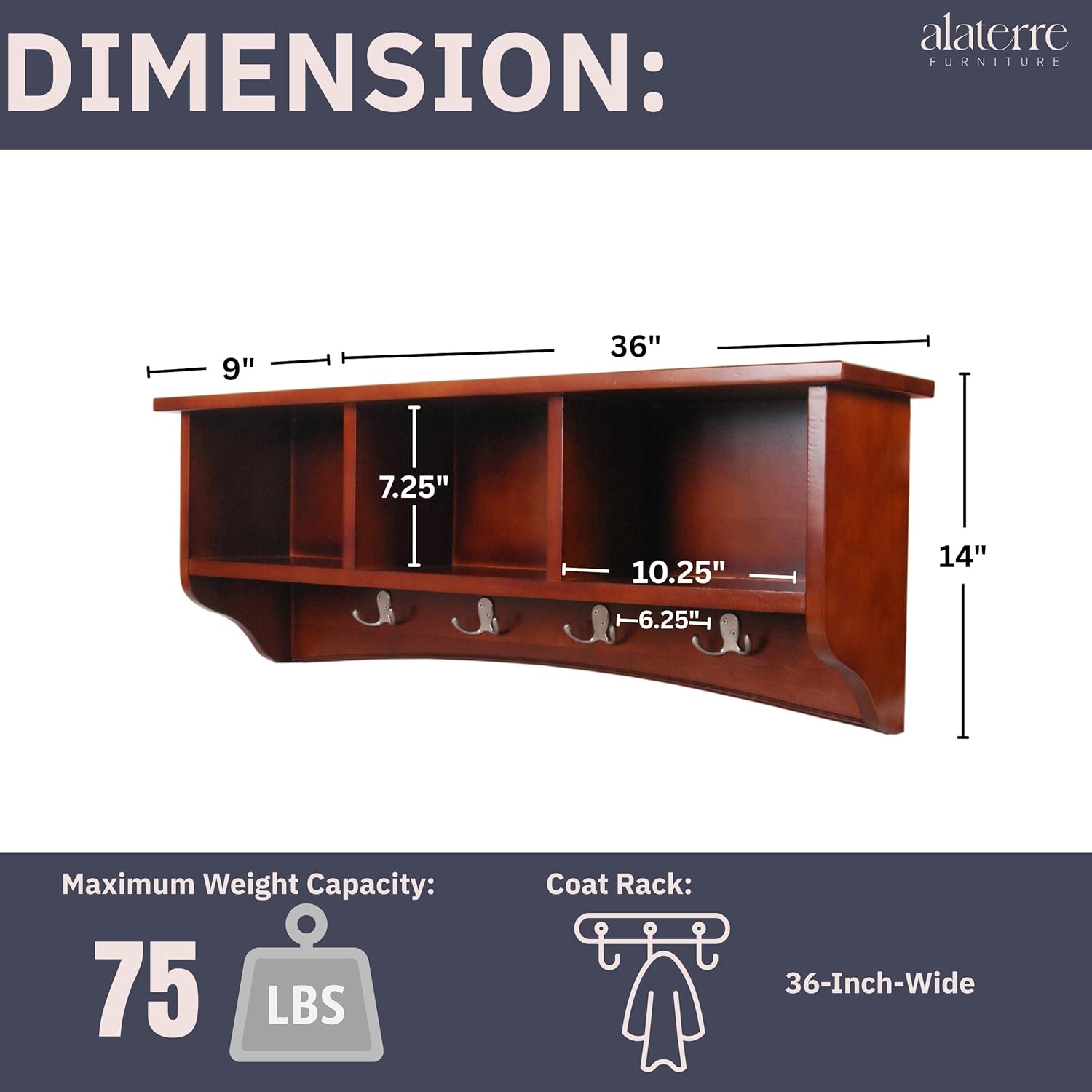 Shaker Cottage Wall-Mounted Coat Rack with 3 Storage Cubbies and 4 Hooks – 36" Space-Saving Entryway Organizer, Mudroom and Hallway Wall Shelf by Alaterre Furniture (Cherry Finish)