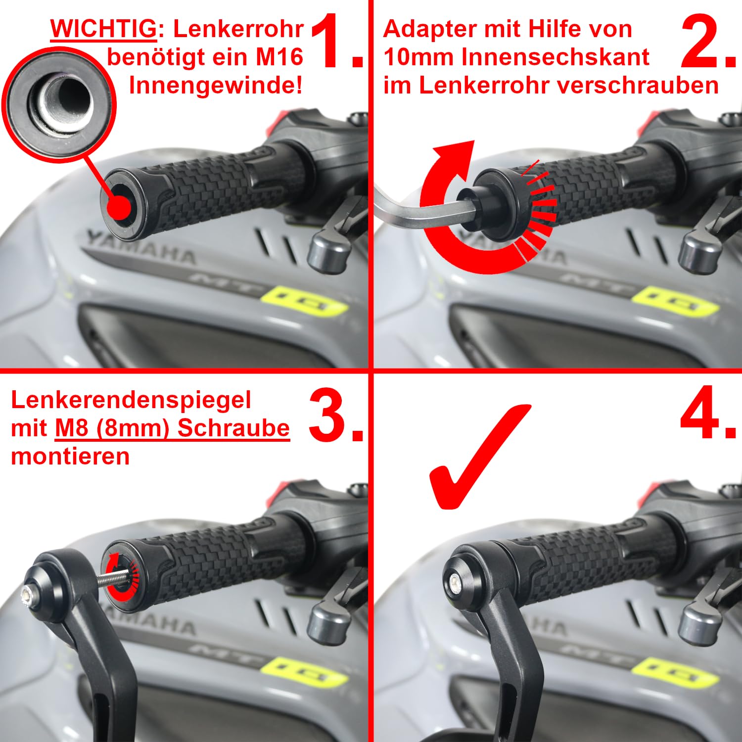 Area1 Adattatore per specchietto retrovisore per manubrio M8 per moto con filettatura M16 nel tubo del manubrio