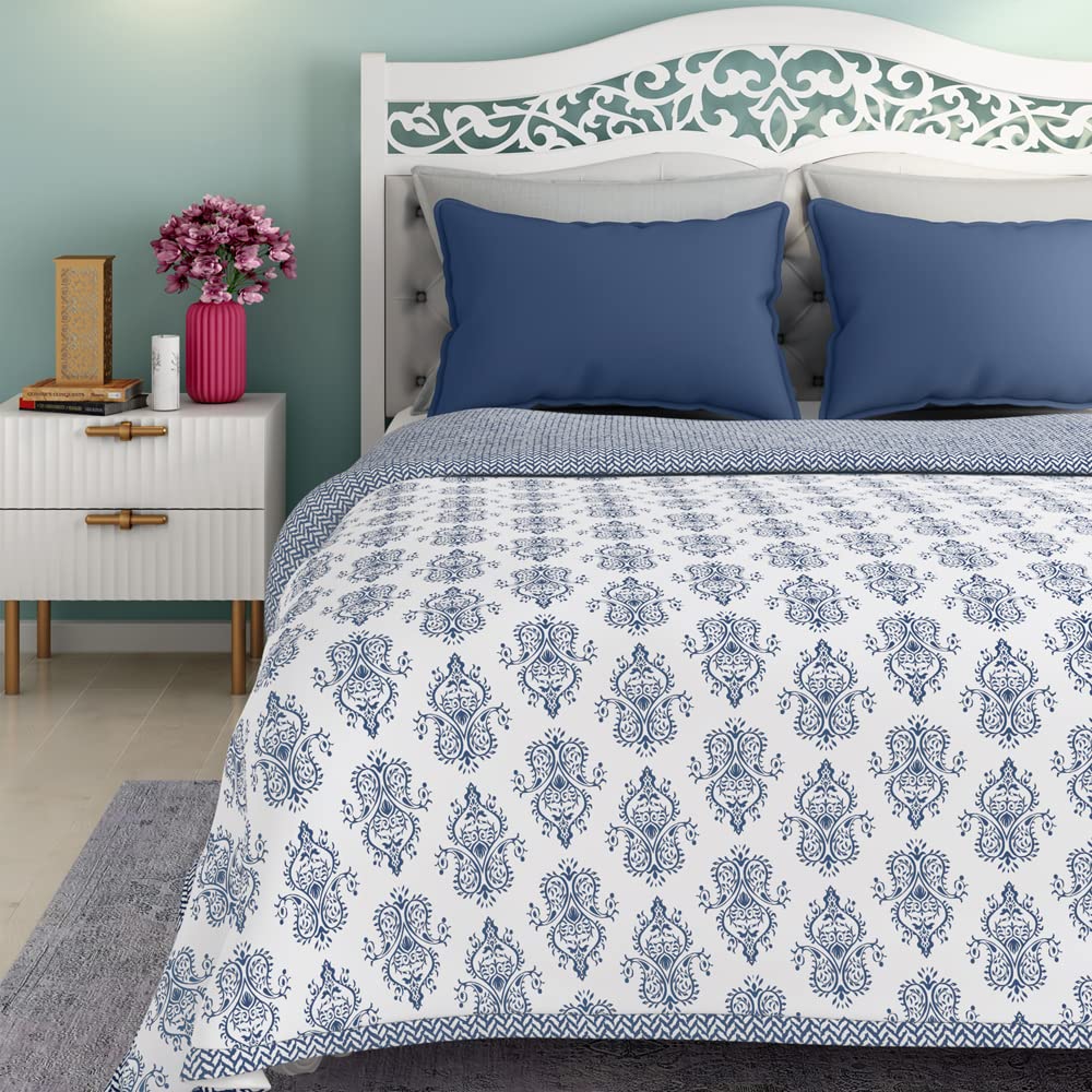 Wakefit Dohar Double Bed | 100% Cotton Blanket for Double Size Bed, Quilt | 110 GSM | Reverisible AC Blanket | 90x82 Inches - Susane Blue