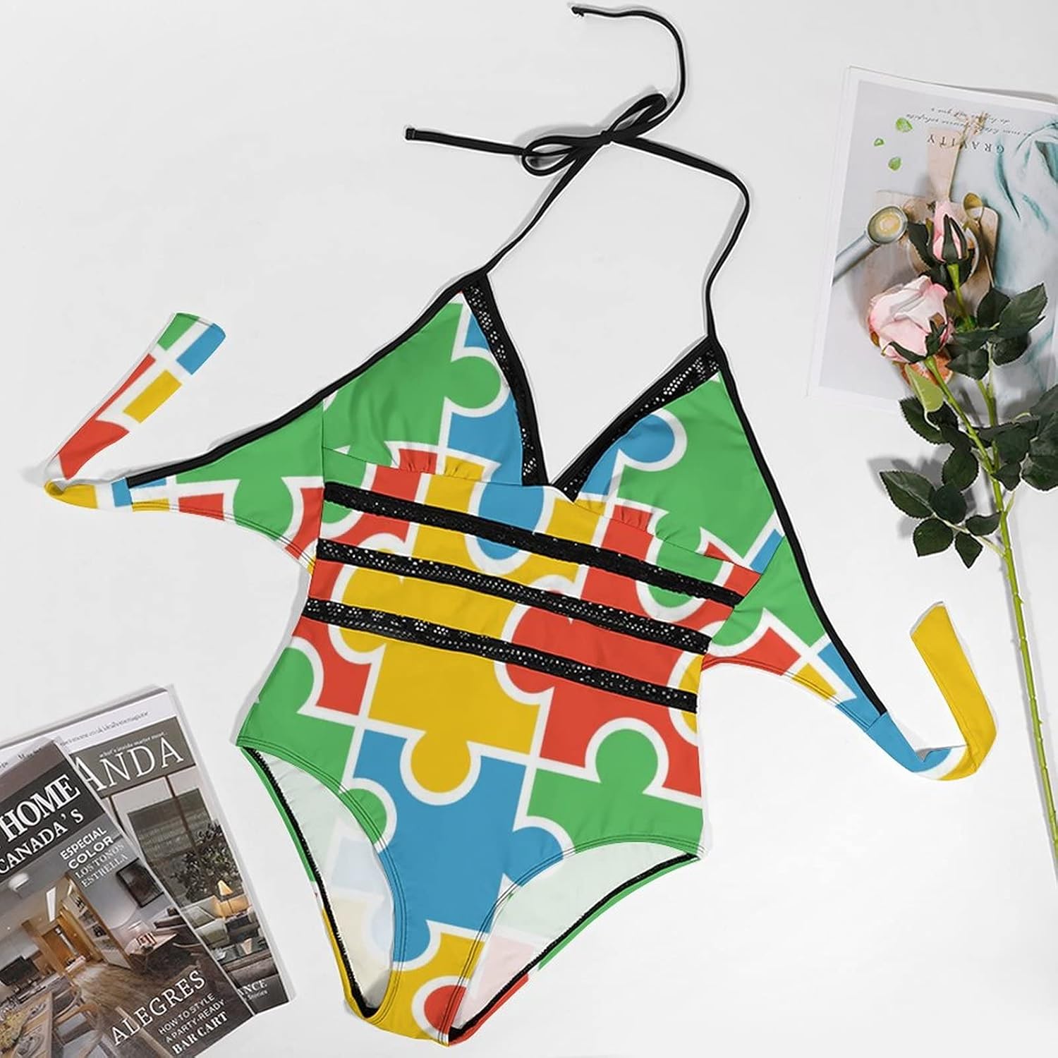 Bikini Color Puzzle Pattern Women's Swimwear One-Piece Swimsuit Tummy Control Swimsuits S