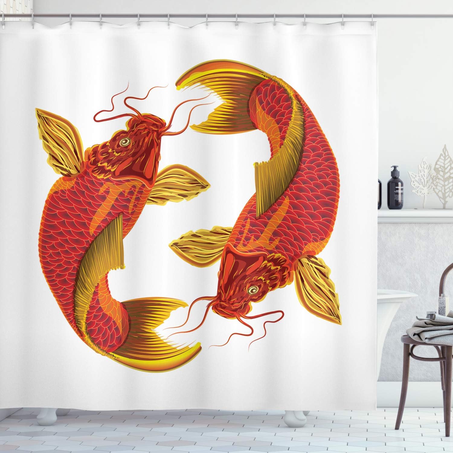 Lunarable Japanese Shower Curtain, Carp Koi Fish Illustration with Warm Tones Oriental of Union, Cloth Fabric Bathroom Decor Set with Hooks, 69" W x 75" L, Orange Yellow Dark Coral