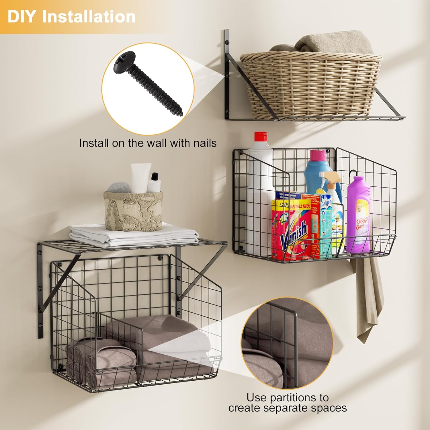 4 Pack Laundry Room Shelves Wall Mounted with Wire Baskets, Laundry Room Organizer and Storage, Over The Washer and Dryer Wire Shelf with 2 Removable dividers and 8 S-Shaped Hooks