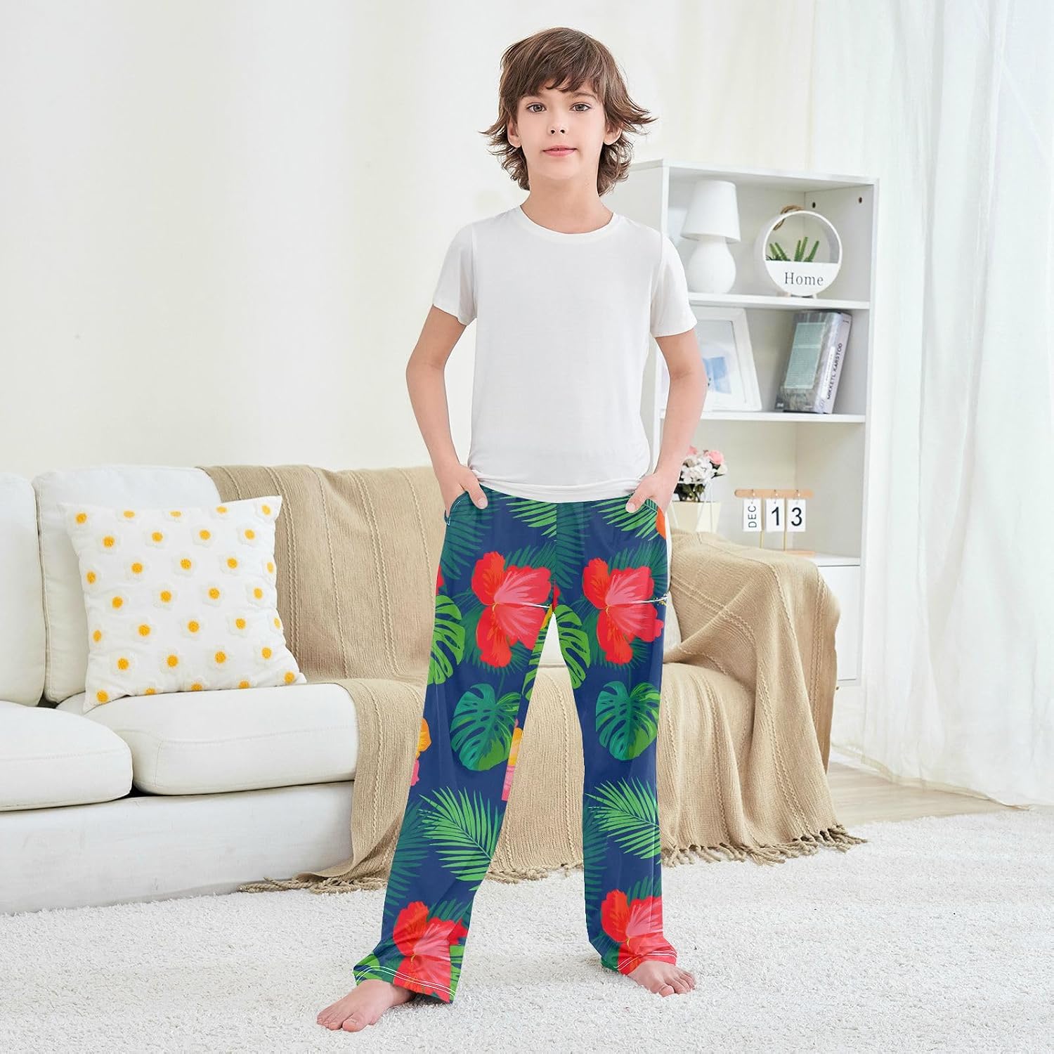 J JOYSAY Hibiscus Monstera Fronds Pajamas Pants Soft Long Pajama Bottoms Lounge Sleep Pants Size S-XL