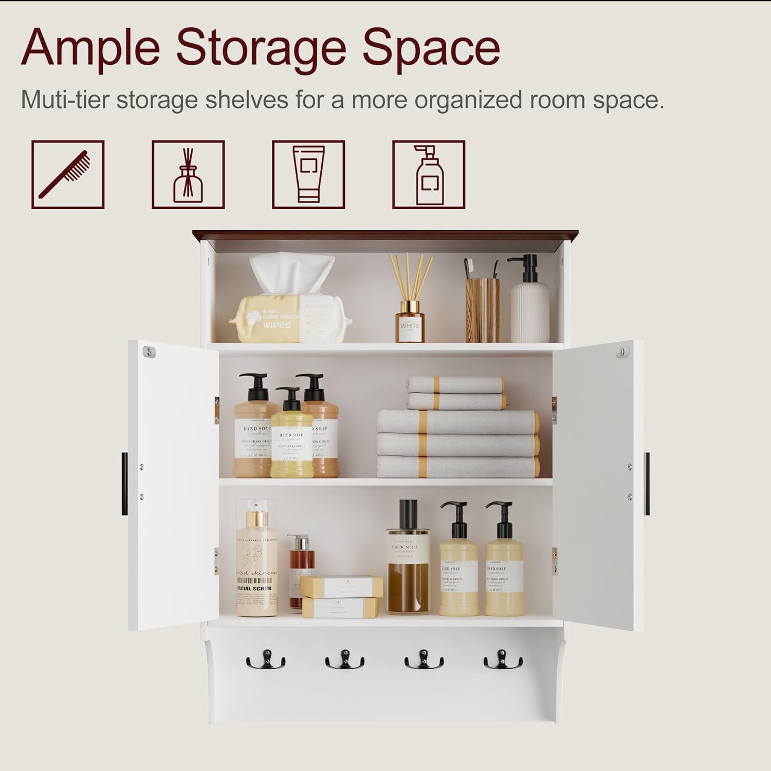 VECELO Farmhouse Bathroom Wall Cabinet, Medicine Cabinet with 4 Hooks, Wall Mounted Storage Cabinet with Open Partition and Adjustable Shelves for Bathroom, Kitchen, Laundry Room, White