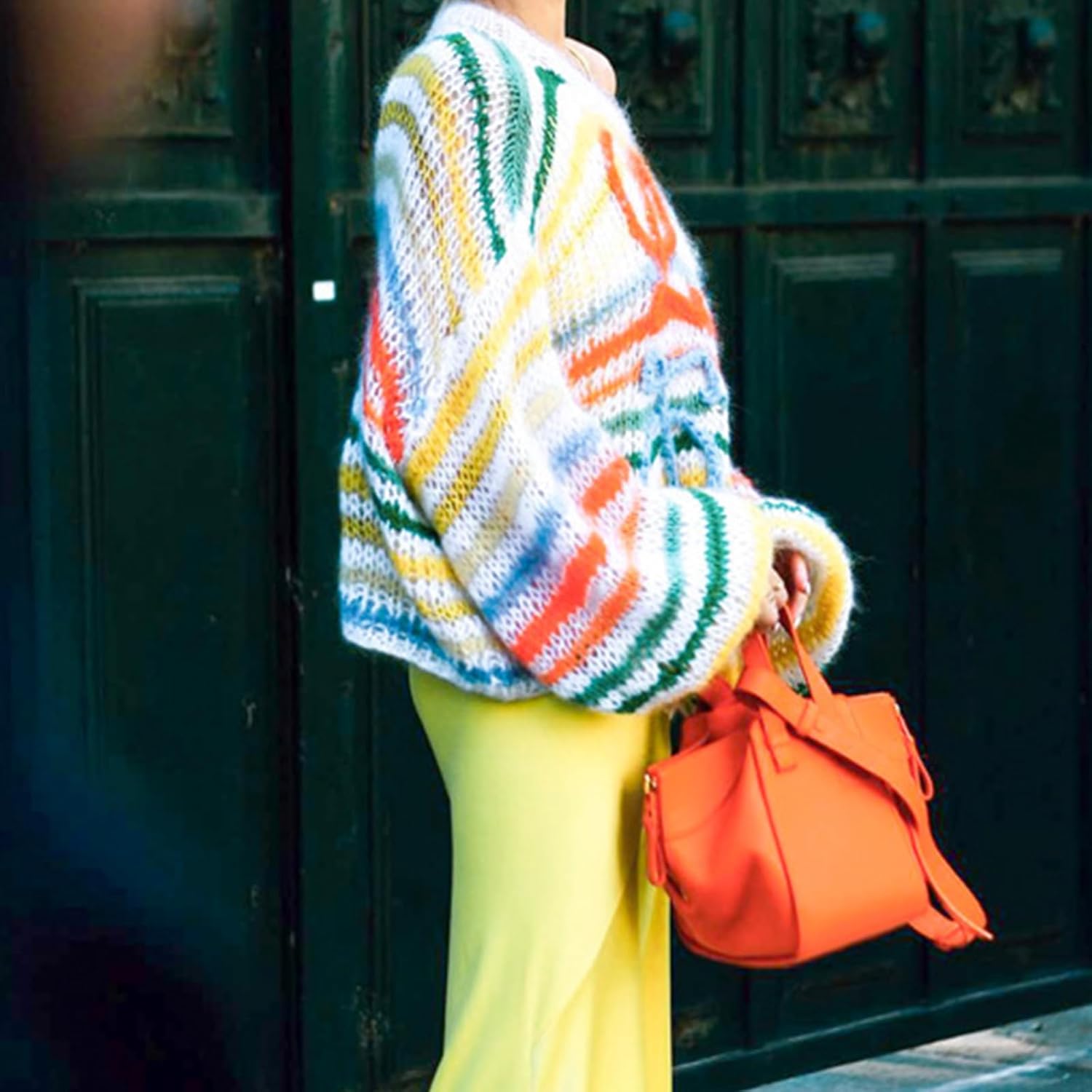 Women's Rainbow Striped Fluffy Sweater Pullover Oversized Long Sleeve Fall Casual Loose Chunky Knit Jumpers Tops