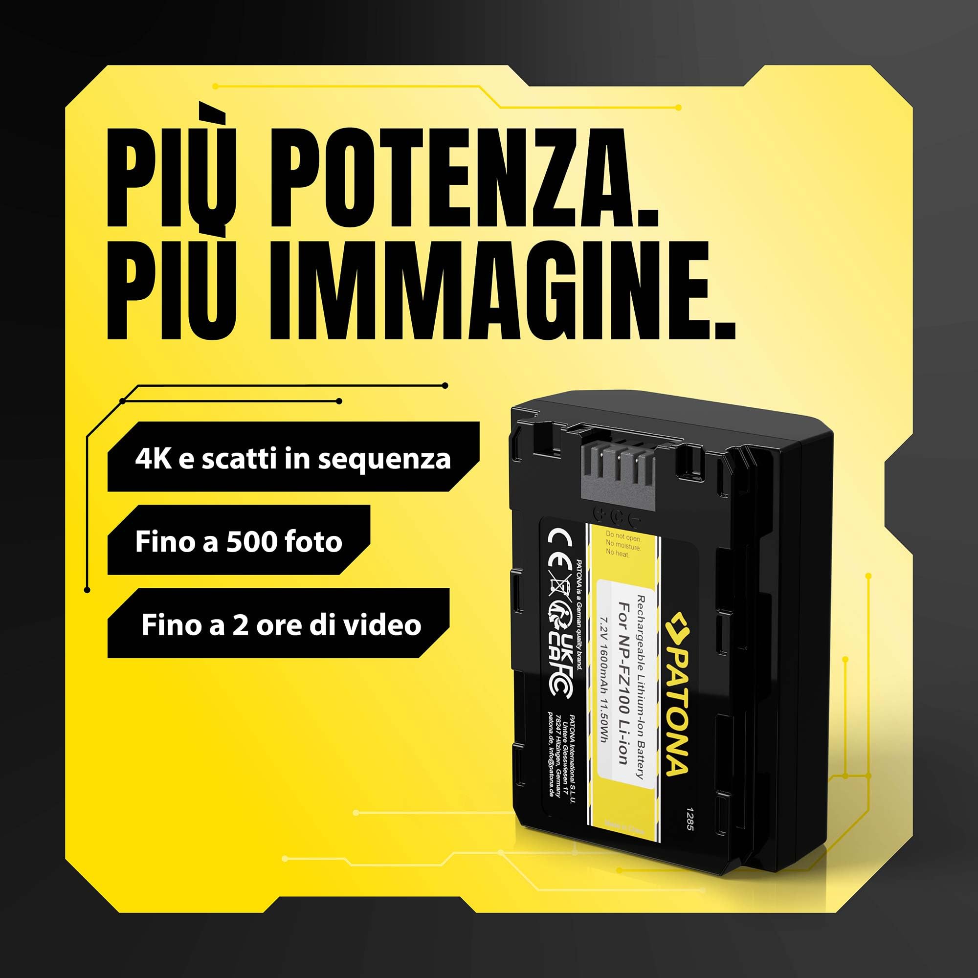 PATONA NP-FZ100 Batteria 1600mAh – Ricambio per Sony NP-FZ100 – per Alpha A6600 A6700 A1 A9 A7 III A7 IV A7R III A7R IV A7R V A7C A7C II FX3 FX30 – riserva affidabile