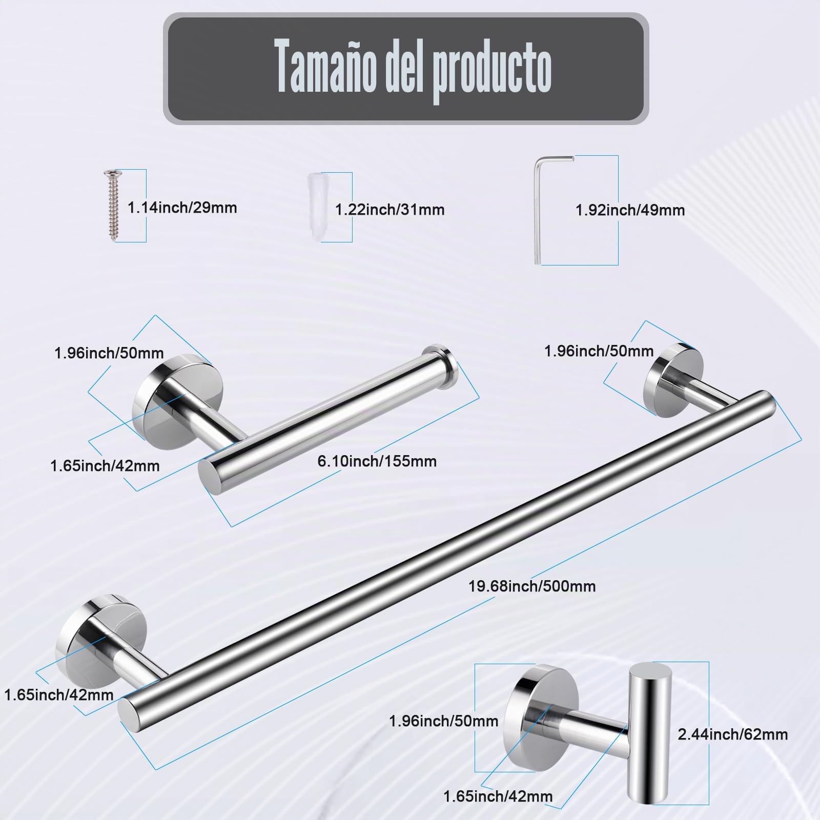 3Pcs Juego Accesorios Baño de Acero Inoxidable Superficie Lisa, Toalleros de Baño Pared 50cm,Portarollos Papel Higienico,Ganchos,Barra Toallero,Toallero, Tornillos para Dormitorio, Cocina, Hotel