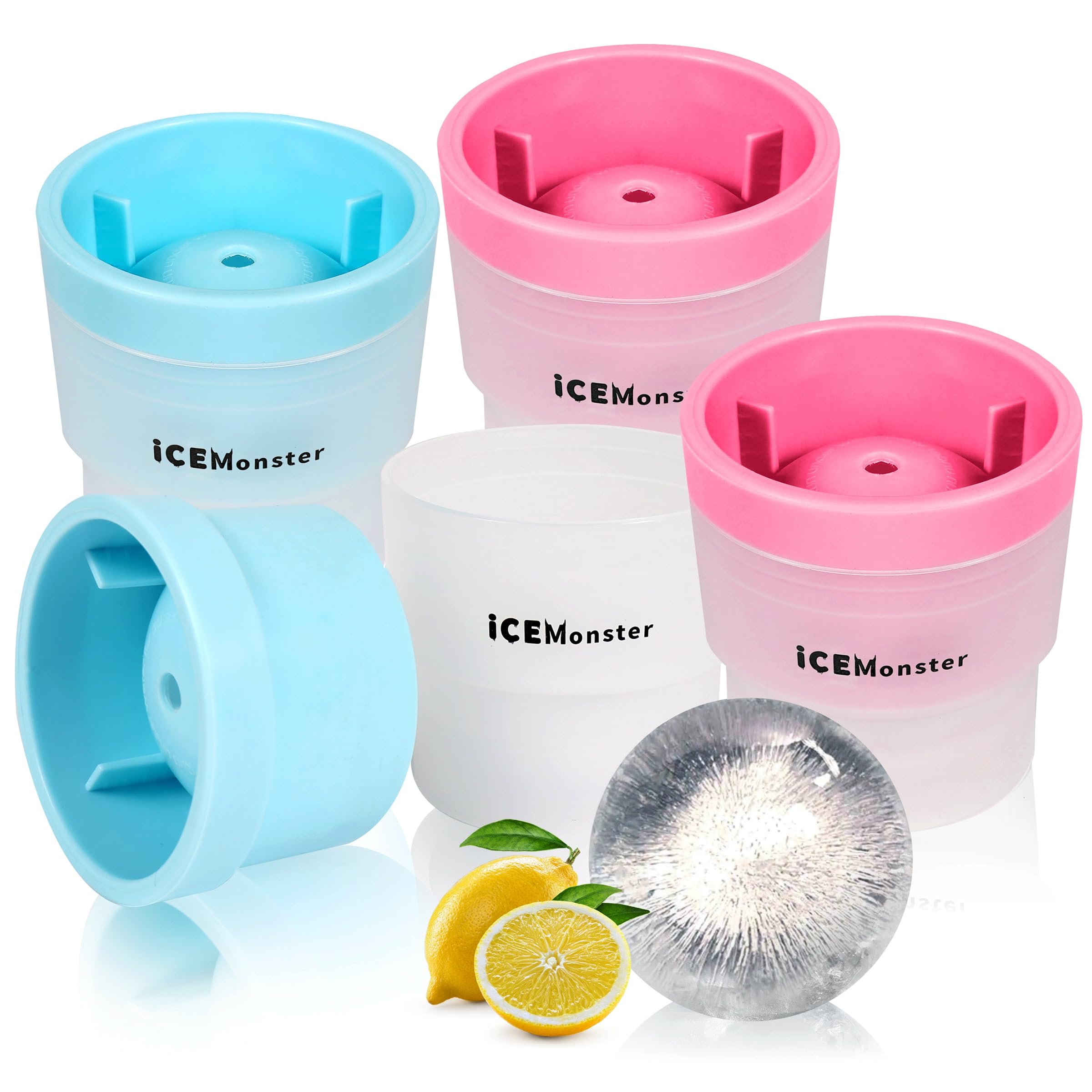 Sphere Ice Mold Ice Maker Whiskey Ice Mold Ice Ball Round Ice Cube Mold Cube Mold For Bourbon Big Ice Cube Stackable Easy Release Silicone Ice Cube Pack of 4 By Ice Monster (Pink+Blue)