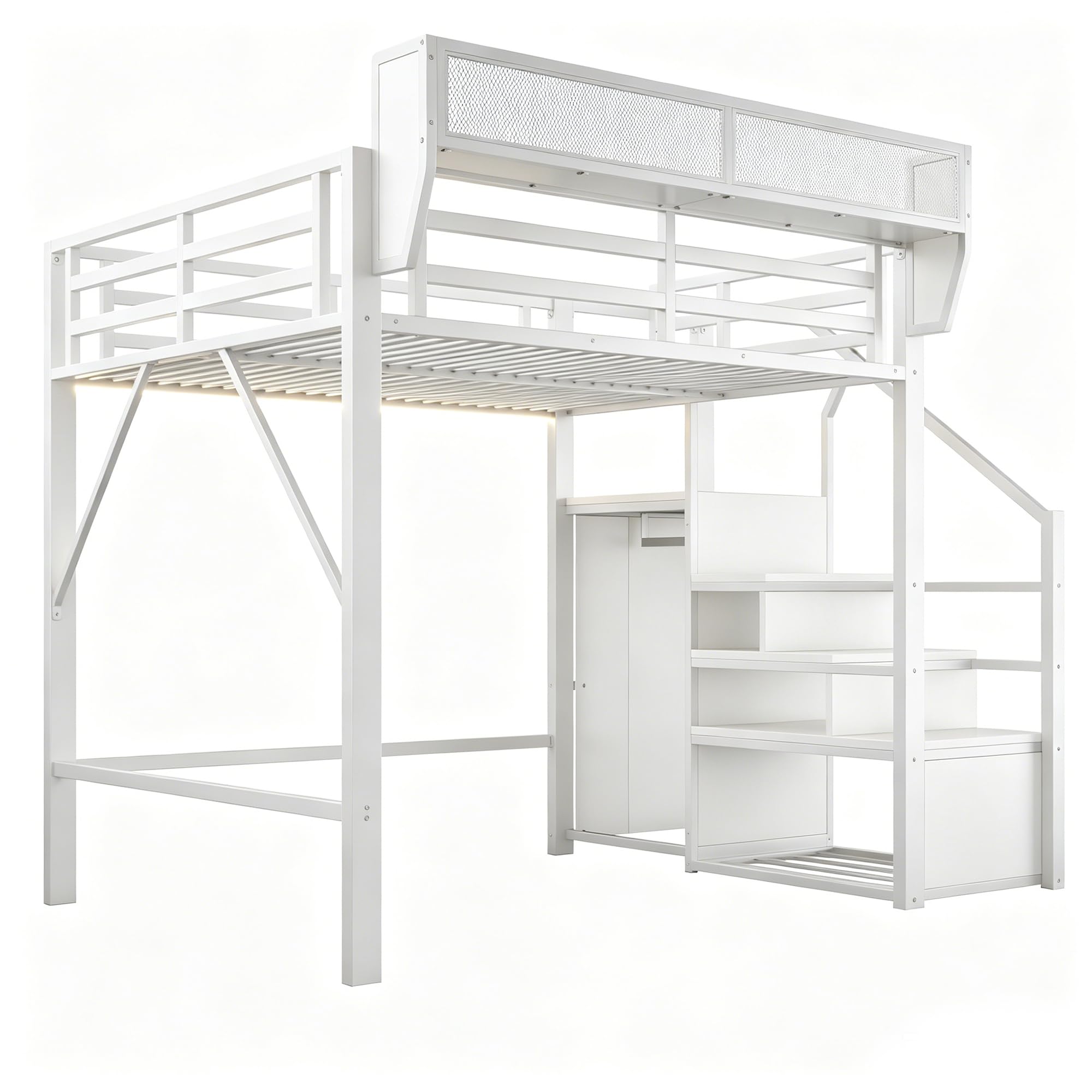Moimhear Cama alta de hierro, con escalera de seguridad y espacio de almacenamiento flexible, cama de metal, cama para adultos (blanco, 140 x 200 cm)