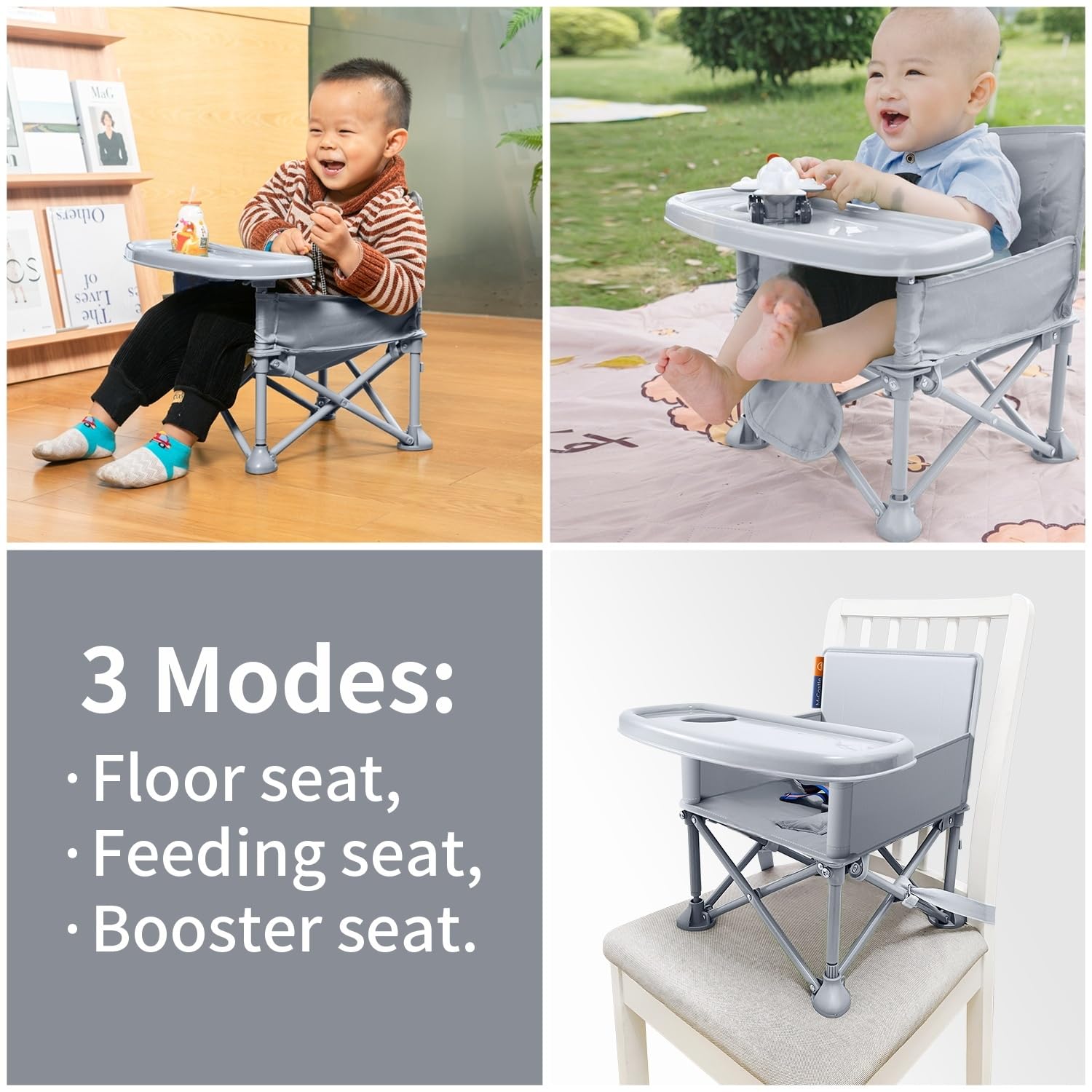 New Portable Travel Booster Seat with Tray|Foldable Infant Seat Booster Dining Chair|Great for Camping, Beach, Lawn|Toddler, Child Camping Chair 6 Months - 3 Years Old （Gary）