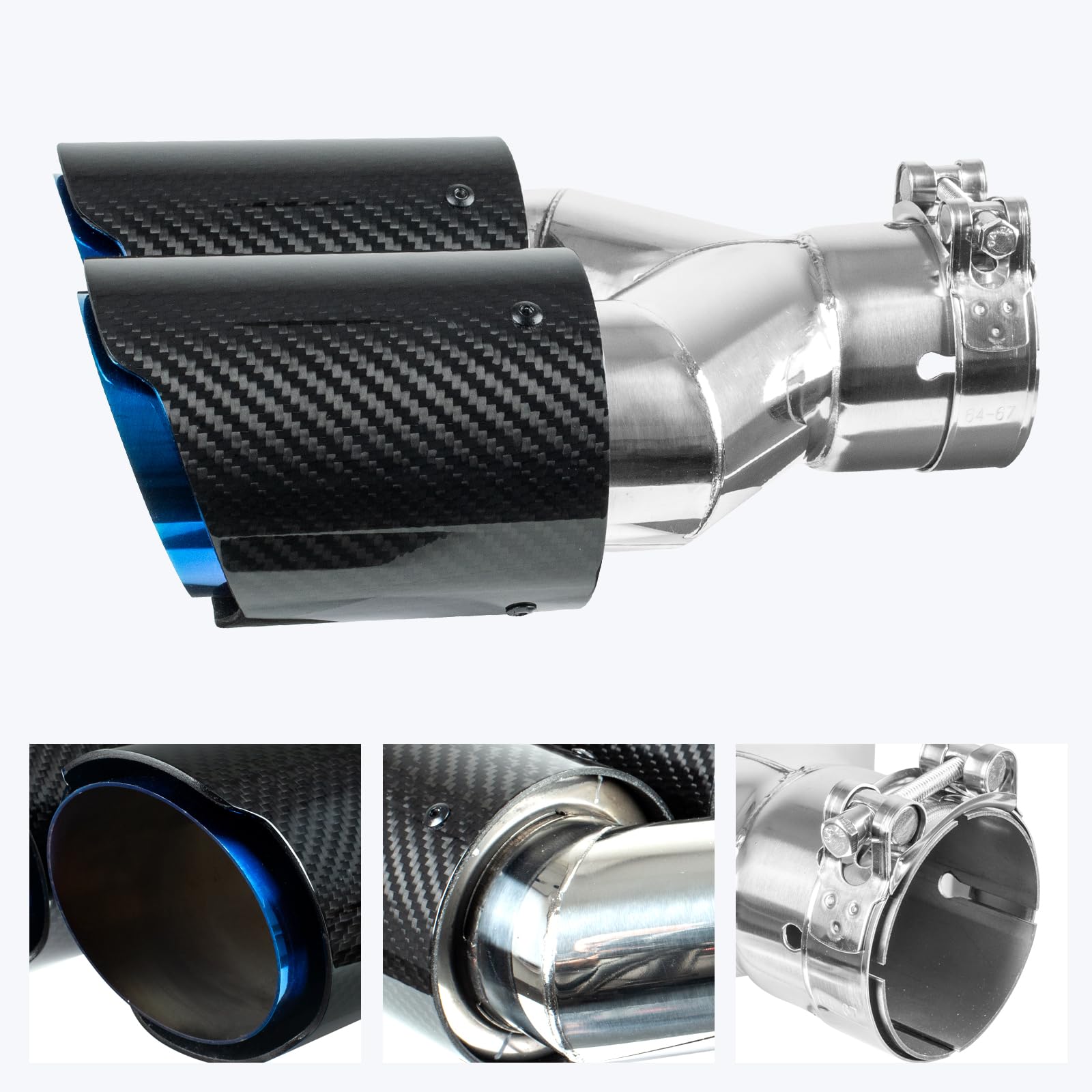 Catekro 63mm Terminale Scarico Auto Universale, Uscita Scarico in Acciaio Inox 304 & Fibra di Carbonio Tubo Terminale Marmitta Sportivo Fissare con Bulloni Chiave Inclusa (Doppia Uscita, Blu-nero)