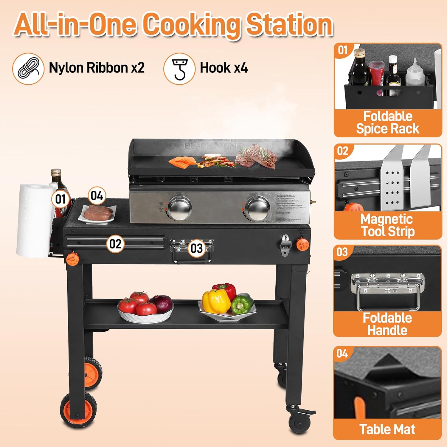 Outdoor Grill Table for Blackstone Griddle 17/22 inch, Blackstone Griddle Stand with Caddy, Folding Grill Cart for Ninja Grills, Movable Food Prep Cart with Wheels for Tailgating, Camping etc.
