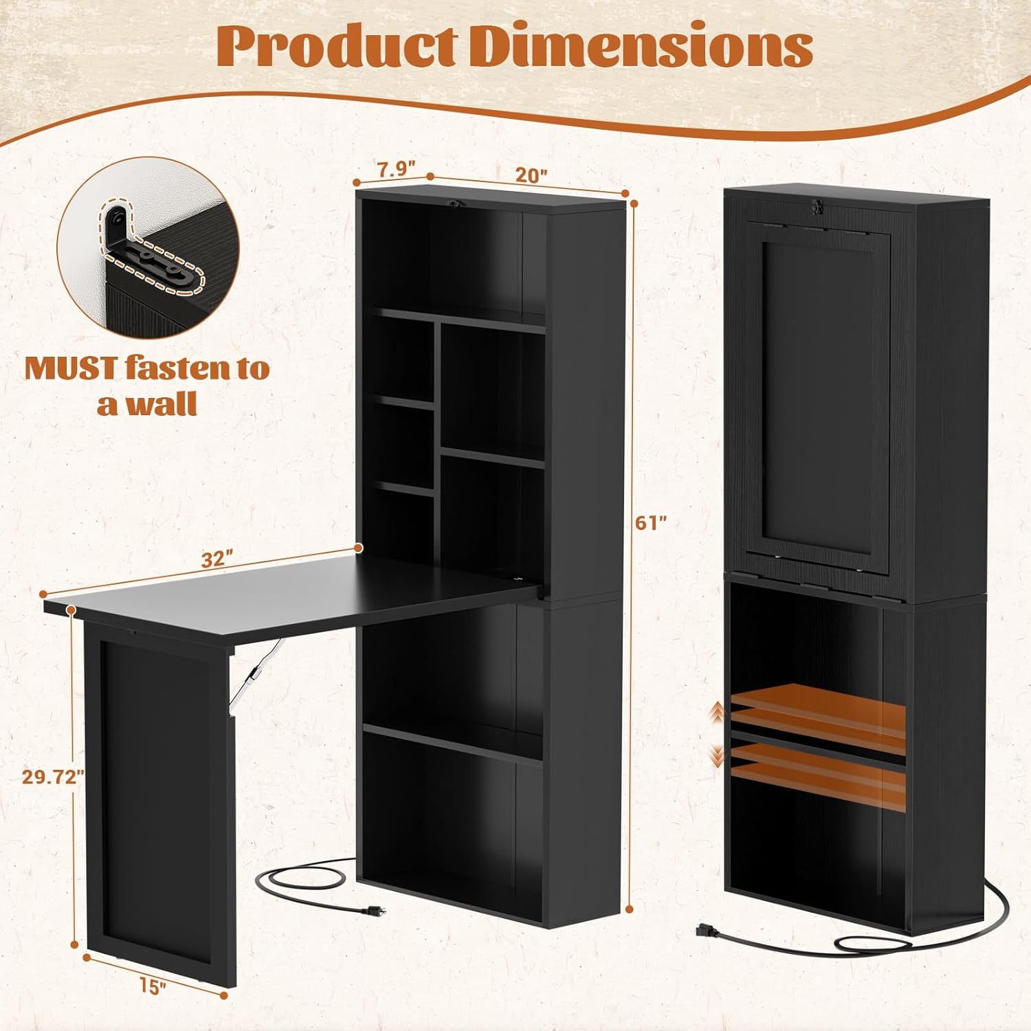 Armocity Small Folding Desk with Outlets, Convertible Writing Desk for Small Spaces/Home Office/Craft Room, Multi-Function Desk Workstation with Blackboard, Fold-Out Cabinet Table, Black