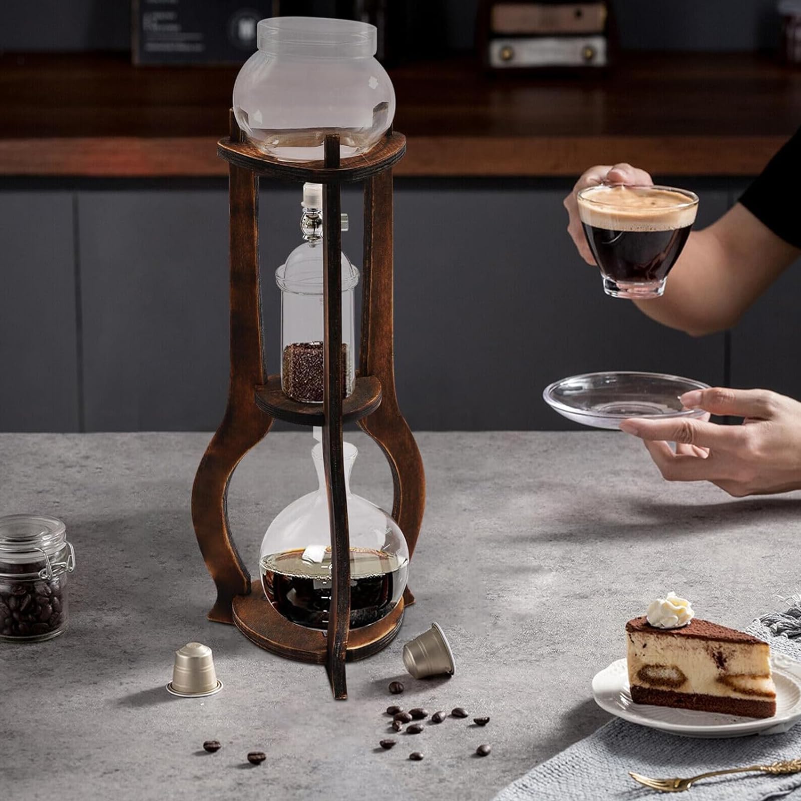 Kawiarka Przelewowa Do Kawy Mrożonej Cold Brew, Ręczny Ekspres Do Kawy Na 6–8 Filiżanek Z Regulowanym Zaworem, Solidna Drewniana Rama, Gęsty Filtr, Szkło Borokrzemianowe Do Użytku Domowego