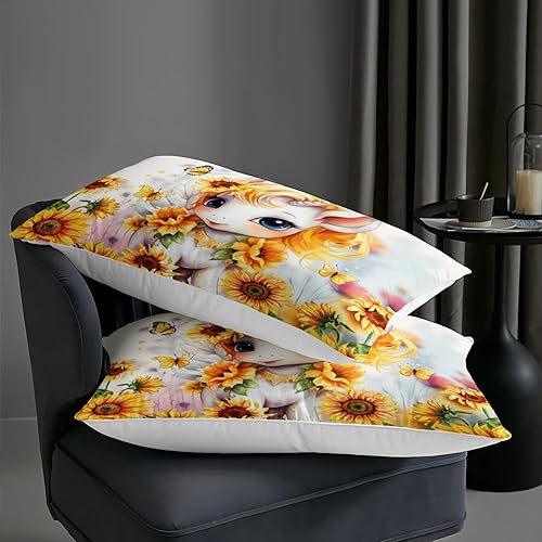 Miniatura 6 de AILONEN Juego de edredón de unicornio tamaño individual, juego de ropa de cama de unicornio con flores amarillas para niñas, edredón de girasoles de