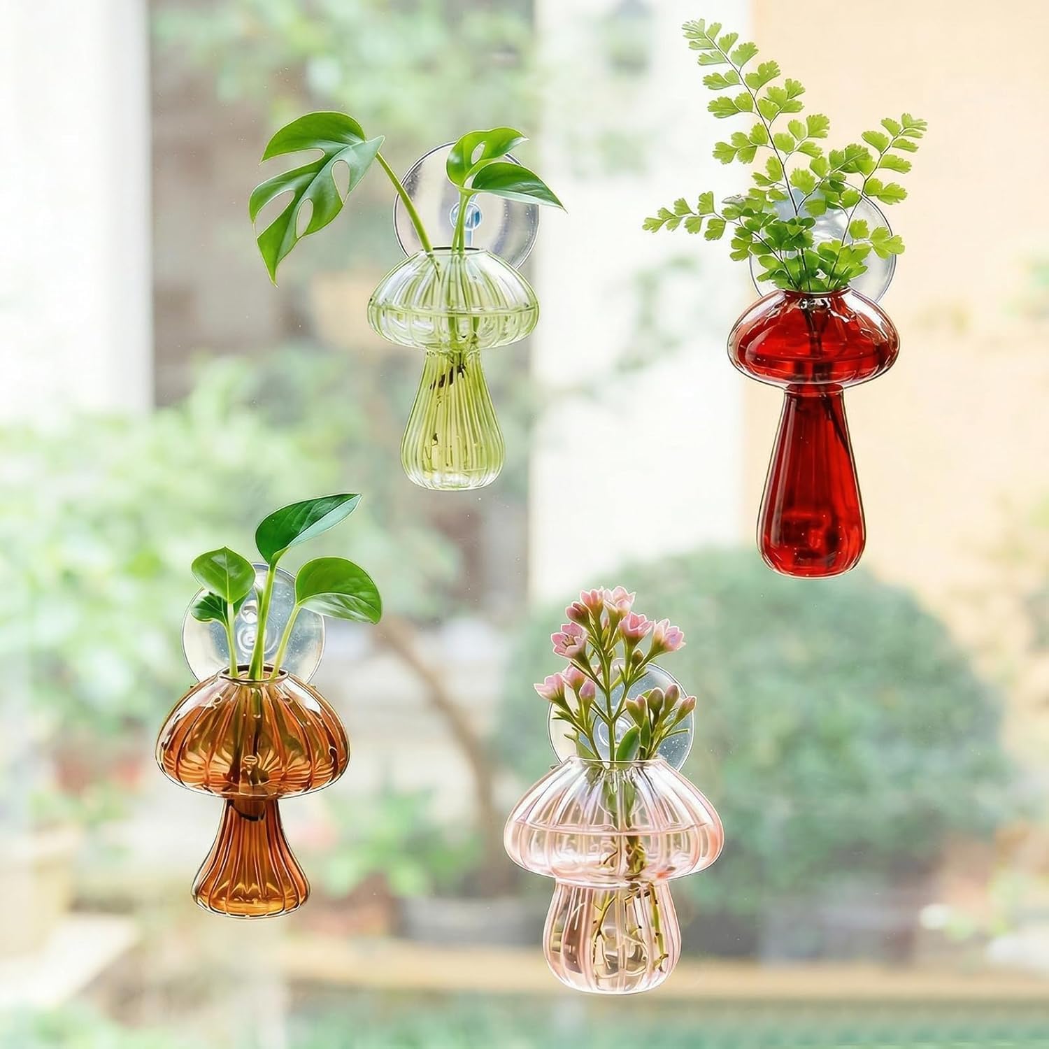 4-Pack Colored Mushroom Glass Vases, Window Propagation Stations with Suction Cups, Nail-Free Easy-Install Wall-Mounted Planters, Propagation Vases, Plant Lover Gifts