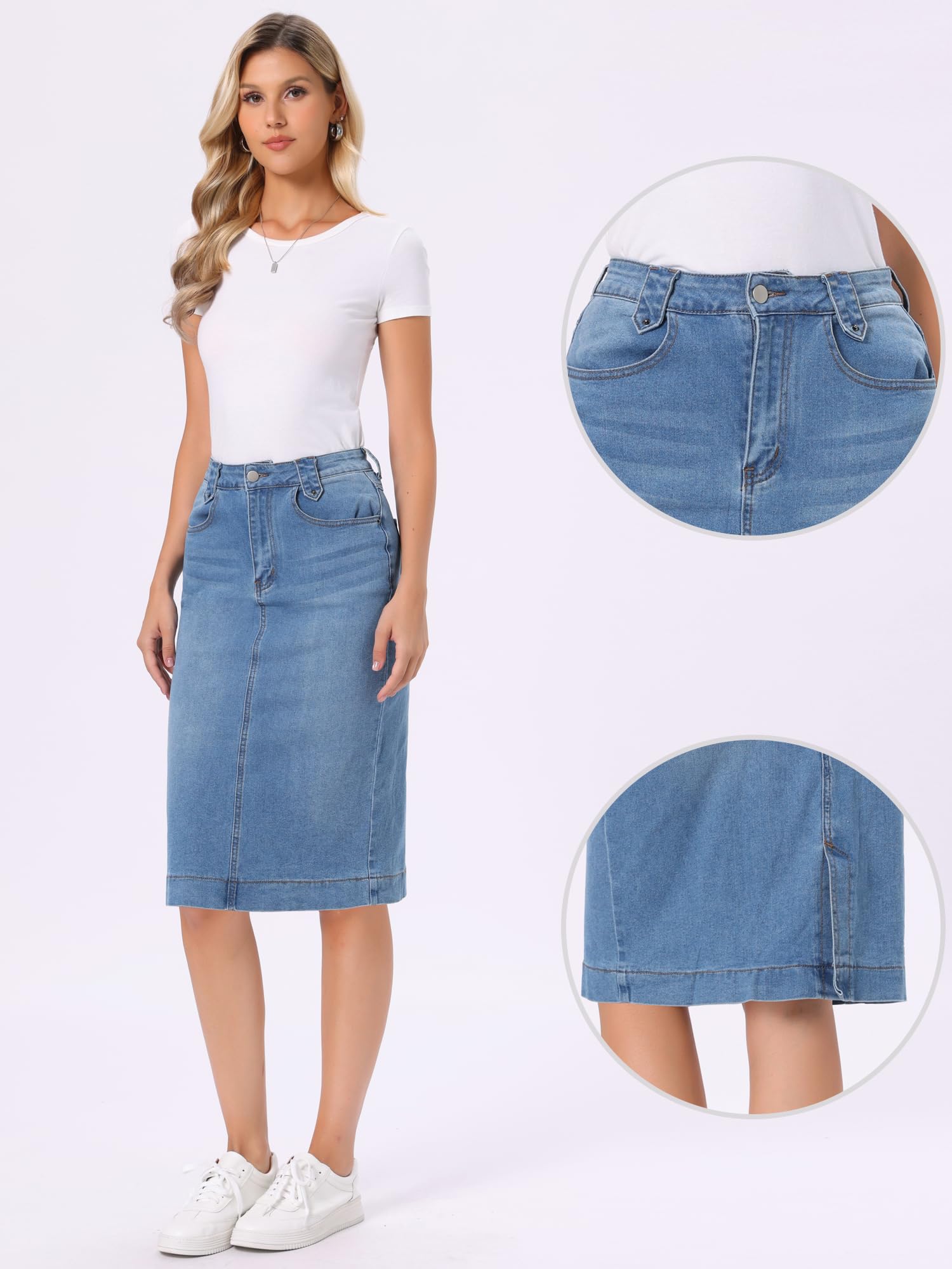 Allegra K Donna Gonna Jean Lunga al Ginocchio Gonna Matita | Slit Back High Waisted Midi Length Slant Pockets Washed Pencil Denim Skirt Western Cowgirl Outfit