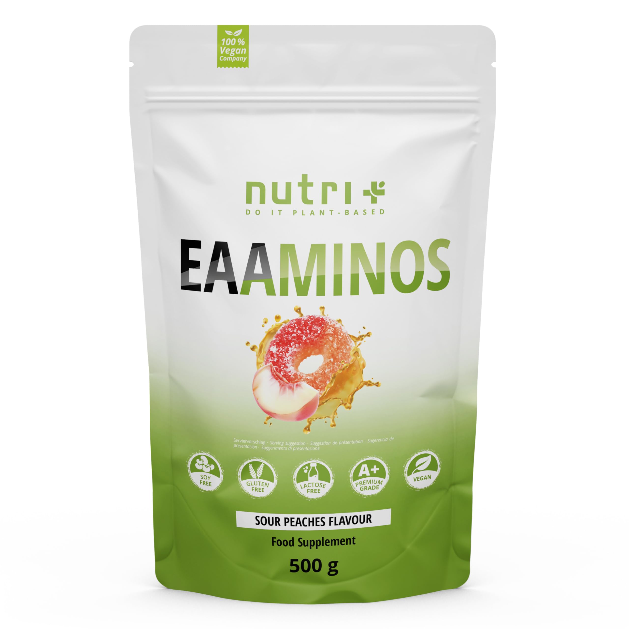 Nutri+ EAA Vegane Saure Pfirsichringe – Hochdosiertes EAA-Pulver, 500 g, Sour Peach