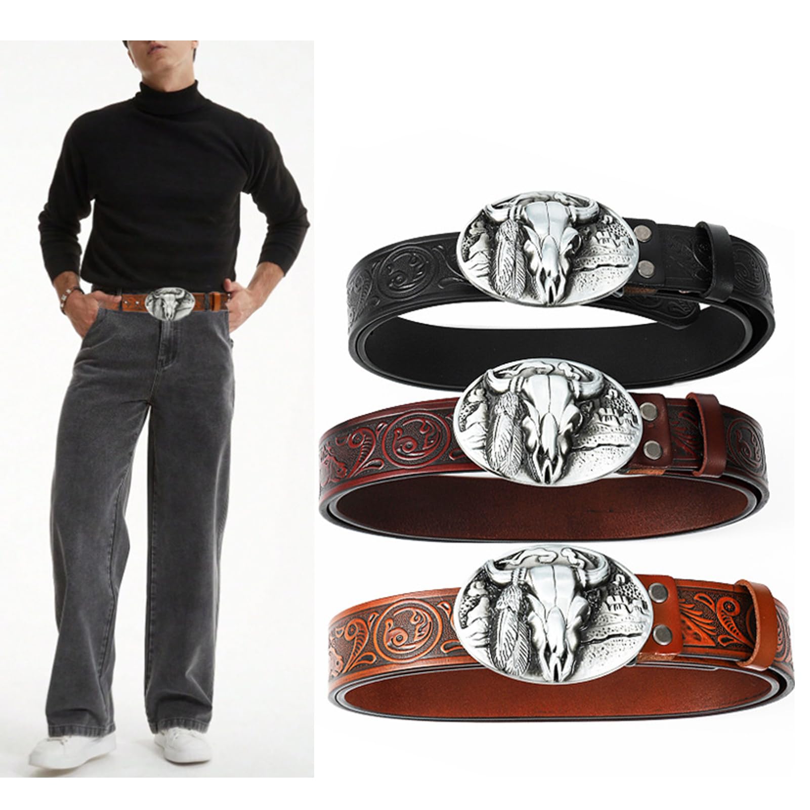 Cintura Da Uomo In Pelle Di Vacchetta Goffrata, Fibbia Ovale Con Teschio Toro Western Vintage, Cinturino Cowboy Incisione Floreale