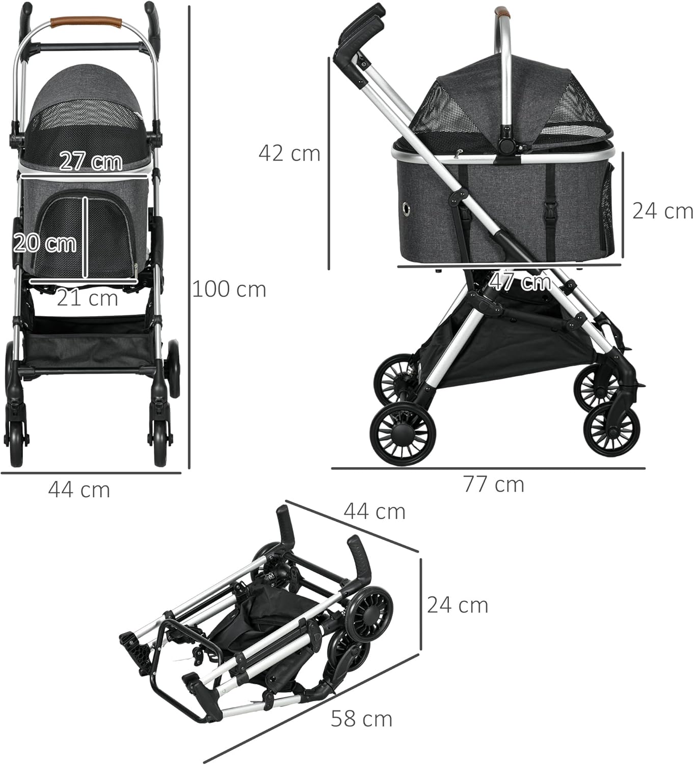 Diagram showing the dimensions of the PawHut pet stroller in various configurations