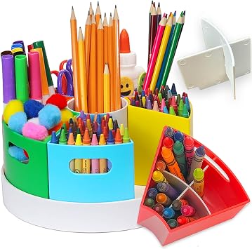 8.6" Desk Art Supply Organizer for Kids Compact Rotating Lazy Susan Art Caddy with Dividers for Crayons, Markers & Pencils, Classroom Storage for Teachers Students Homeschool