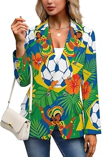 Brazil Soccer Samba Hibiscus Blazers for Women Casual Jacket Open Front Long Sleeve Coat Work Business Suit