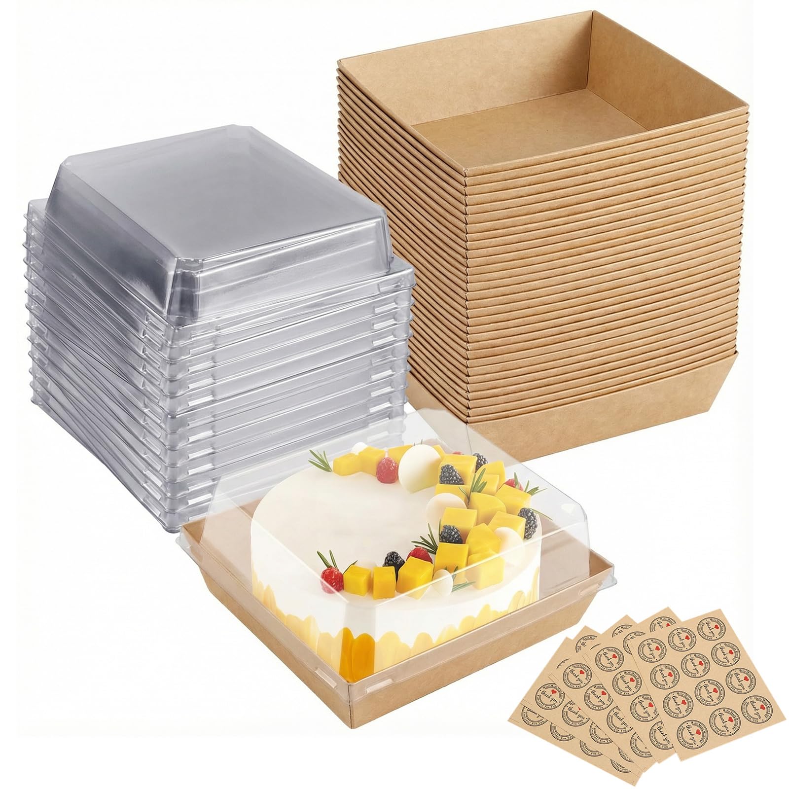 Joyseedi 50pcs Paper Cake Slice Boxes with Clear Lids, 12cm Oil-Proof Charcuterie Dessert Square Food Containers, Cupcake Takeaway Boxes for Bakery Macaron Sandwich Cookies (Brown)