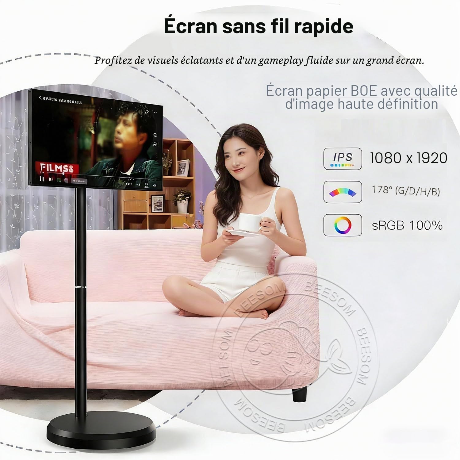 Télévision Portable,TV Portable sur Pied,21,5 Pouces écran Tactile 1080p,8go+128go Stockage,Rotation Complète,Fonction Tablette TV,roulettes Mobiles,Bureau Domicile, Séances Yoga 23in