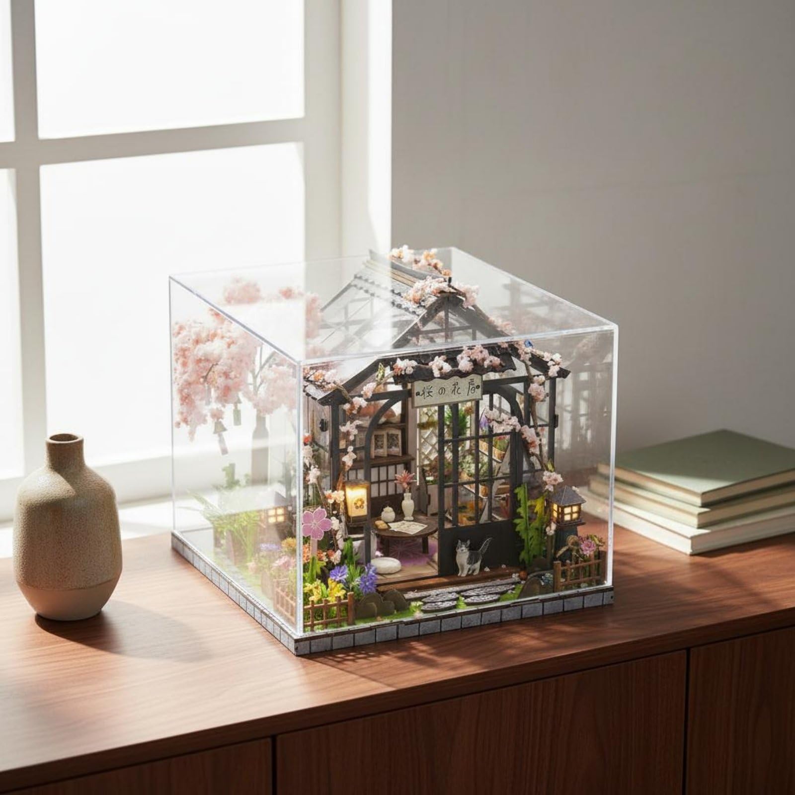 Colcolo Miniaturhaus Modellbausatz Puppenhaus Gewächshaus Japanisch Bastelset mit Drehendem LED Beleuchtung Transparentem Dach Und Schiebetüren für Sammlerpräsentation Wohndekoration
